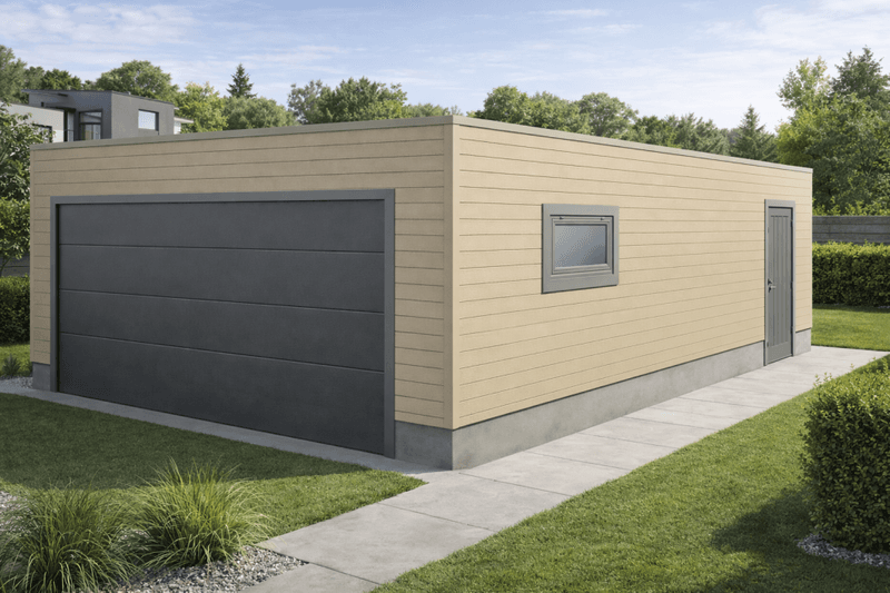 Dobbelgarasje 6,2 x 7,8 m – Funkis med flatt tak, ferdige elementer