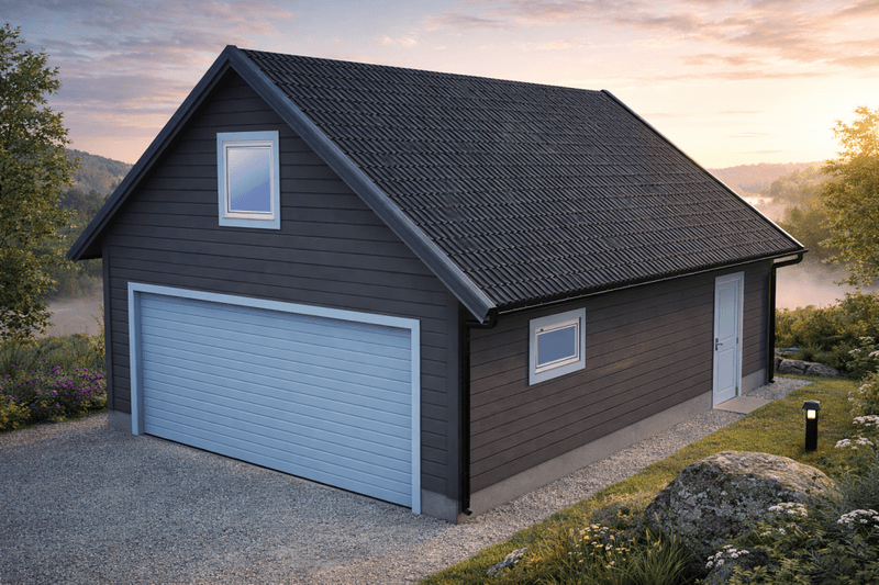 Dobbelgarasje 6,2 × 7,8 m – 36° saltak med loft, ferdige elementer