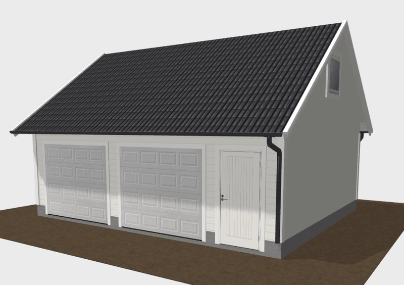Dobbelgarasje 6,2 × 7,8 m – 36° saltak med loft og innkjøring på langside, ferdige elementer