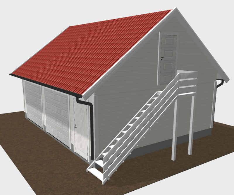 Dobbelgarasje 6,2 × 7,8 m – 36° saltak med loft og innkjøring på langside, ferdige elementer