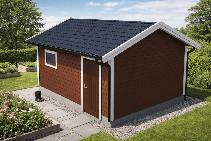 Enkelgarasje 3,6 x 6,0 meter med 22 graders saltak, ferdige elementer