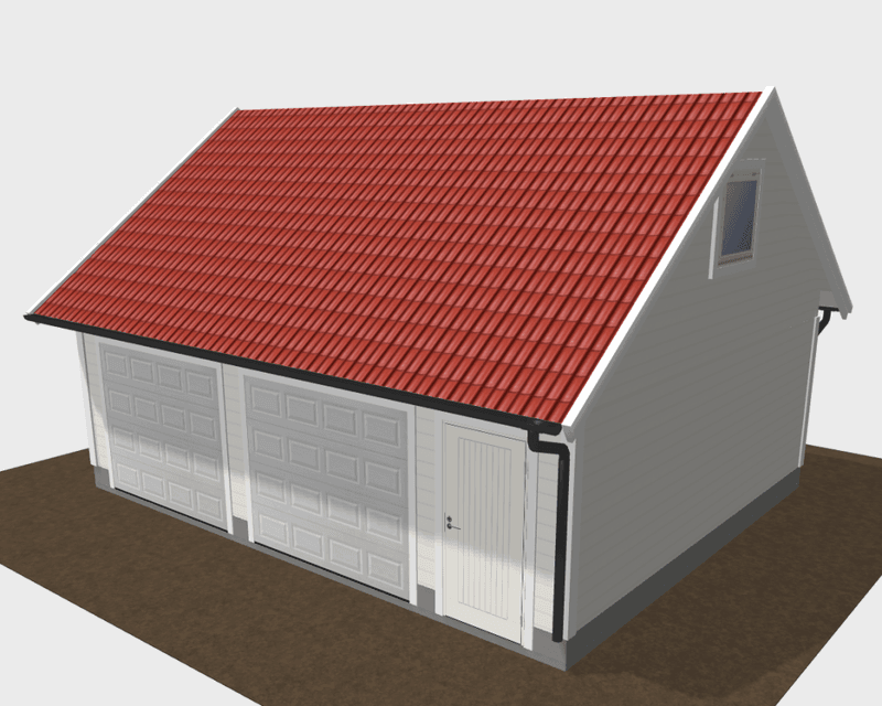 Dobbelgarasje 6,2 × 7,8 m – 36° saltak med loft og innkjøring på langside, ferdige elementer