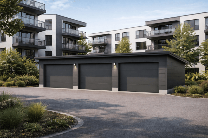 Fleksibel rekkegarasje – 3 meter plasser med pulttak og innvendige skillevegger