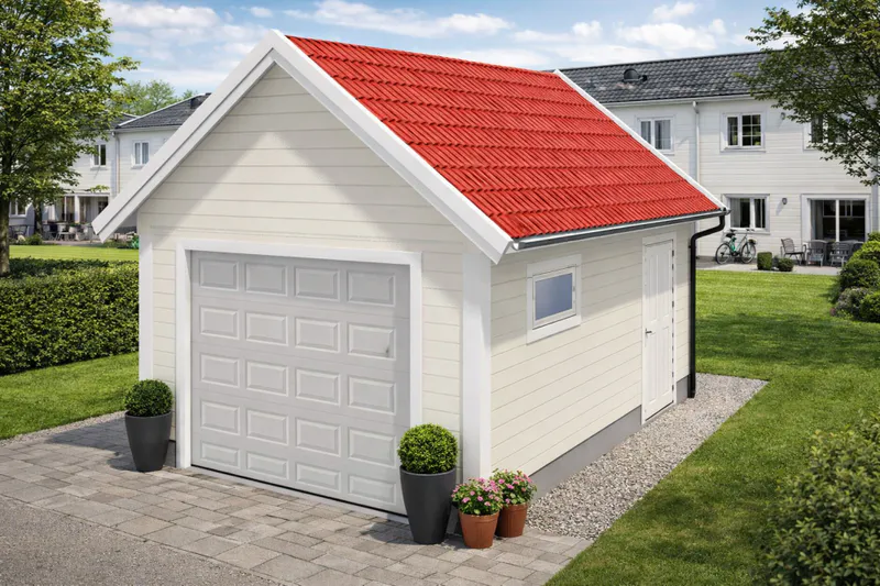 Enkelgarasje 3,6 x 6,0 meter med 36 graders saltak, ferdige elementer